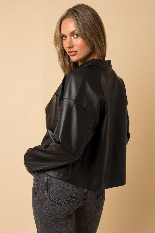 Glow Fashion Boutique Black Crop Faux Leather Shacket