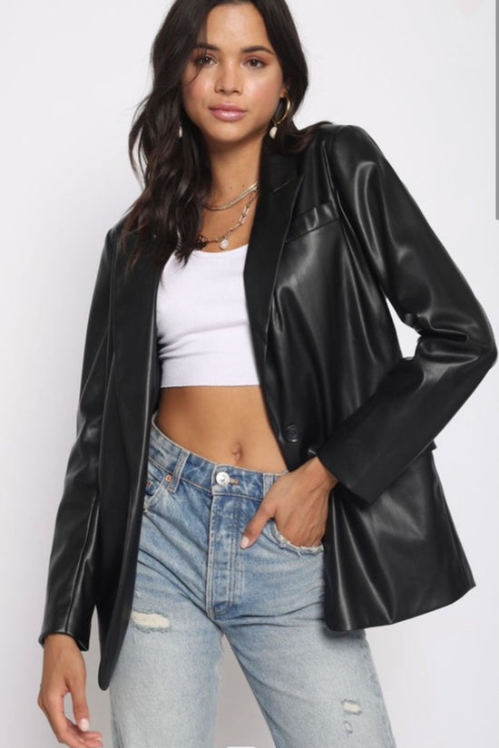 Load image into Gallery viewer, Glow Fashion Boutique faux leather black blazer
