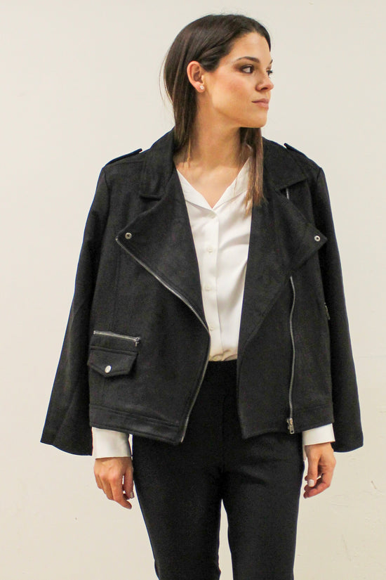 Load image into Gallery viewer, Glow Fashion Boutique Oversized Black Suede Moto
