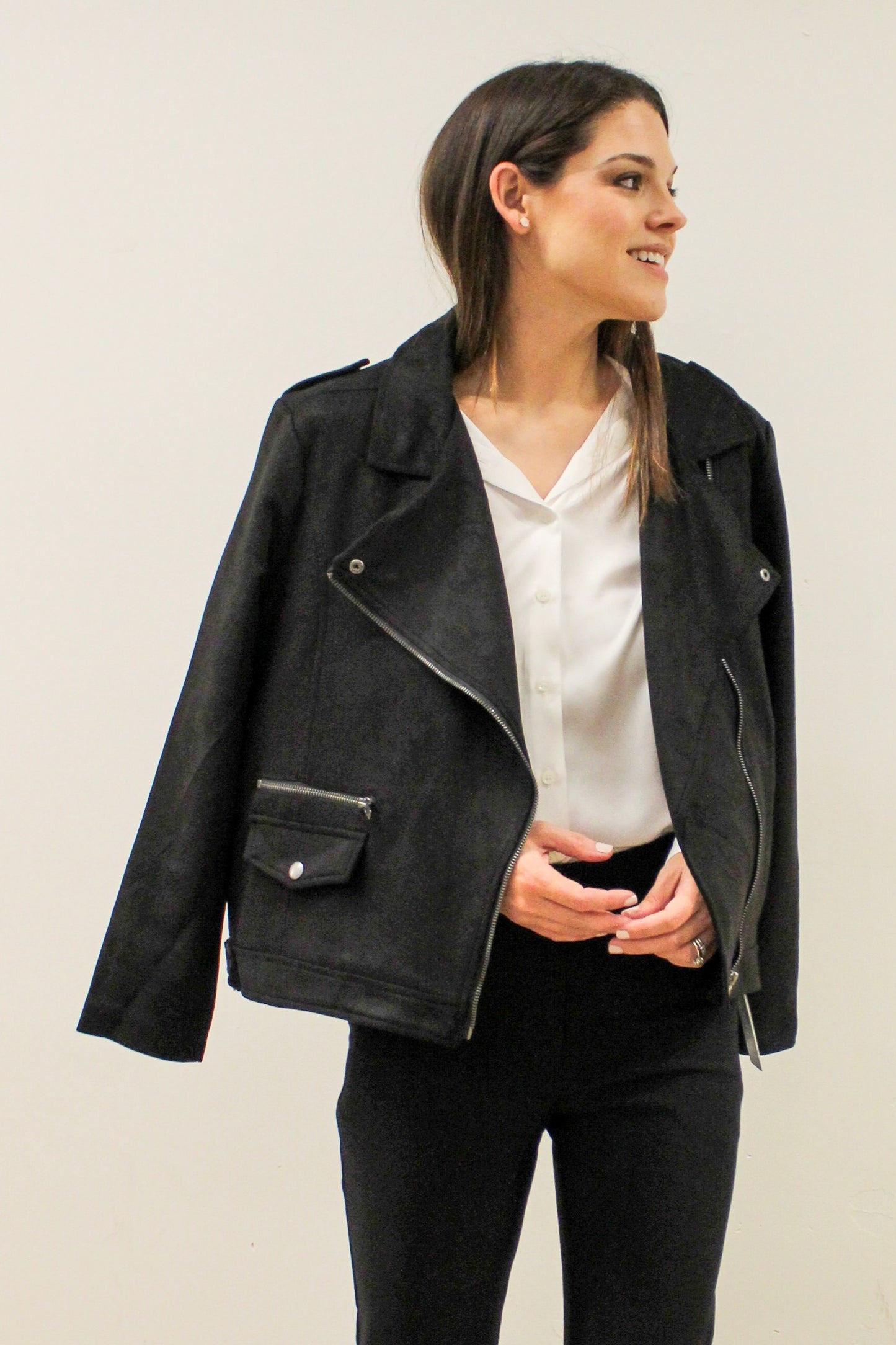 Glow Fashion Boutique Relaxed Fit Black Suede Moto Jacket