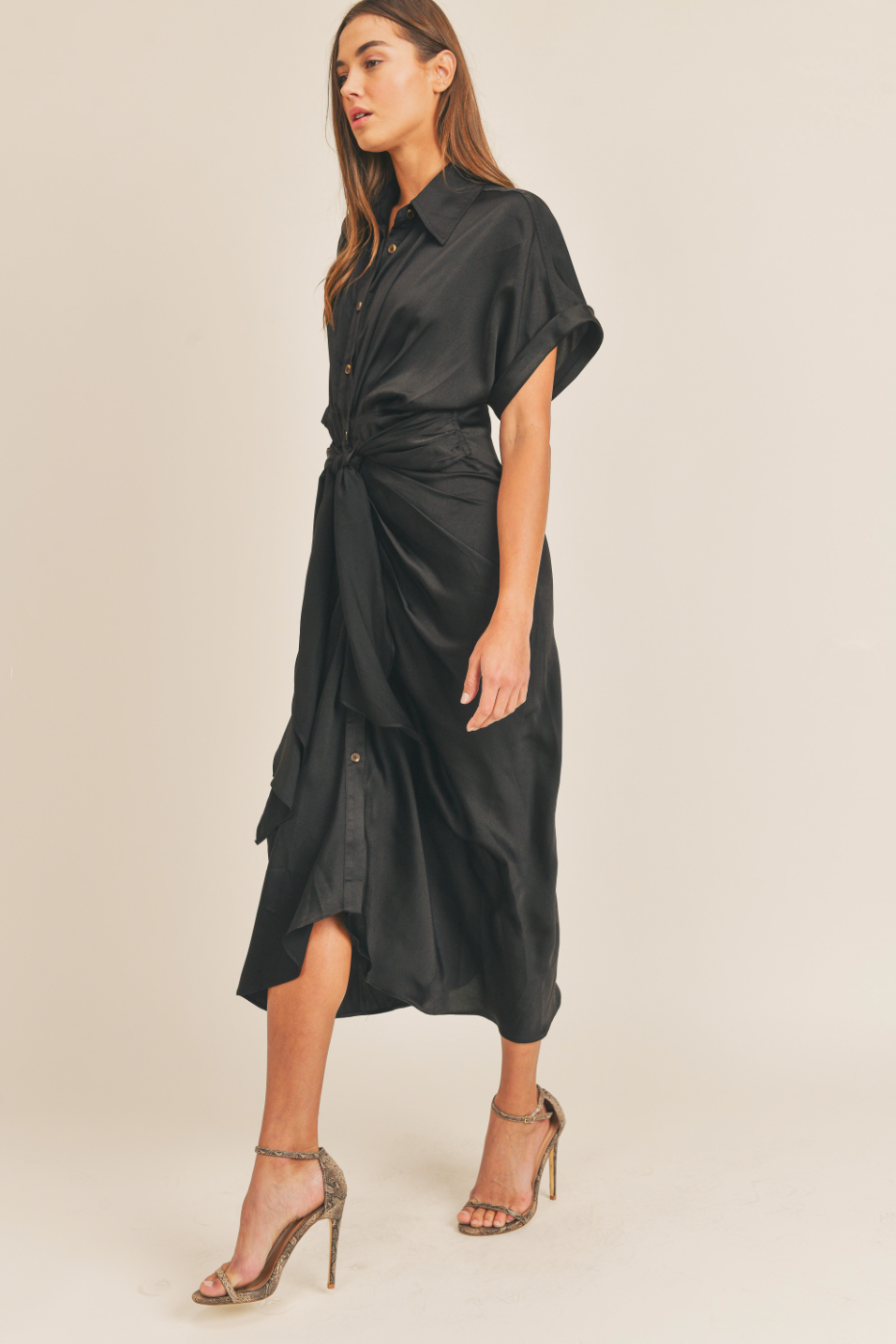 Load image into Gallery viewer, Glow Fashion Boutique Black Satin Dress
