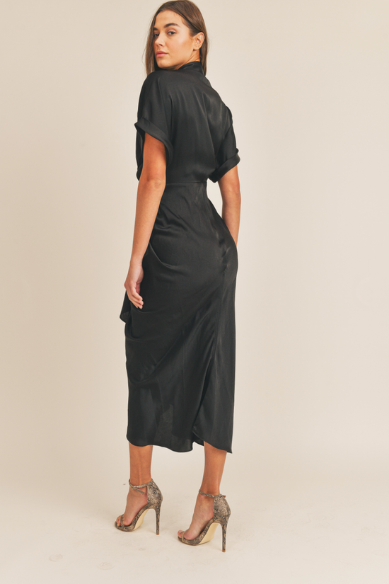 Load image into Gallery viewer, Glow Fashion Boutique Black Satin Dress
