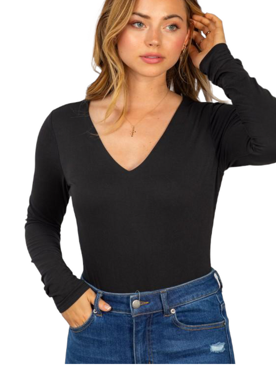 Load image into Gallery viewer, Glow Fashion Boutique black long sleeve v-neck bodysuit
