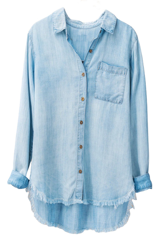 Load image into Gallery viewer, Glow Fashion Boutique Frayed Chambray Shirt
